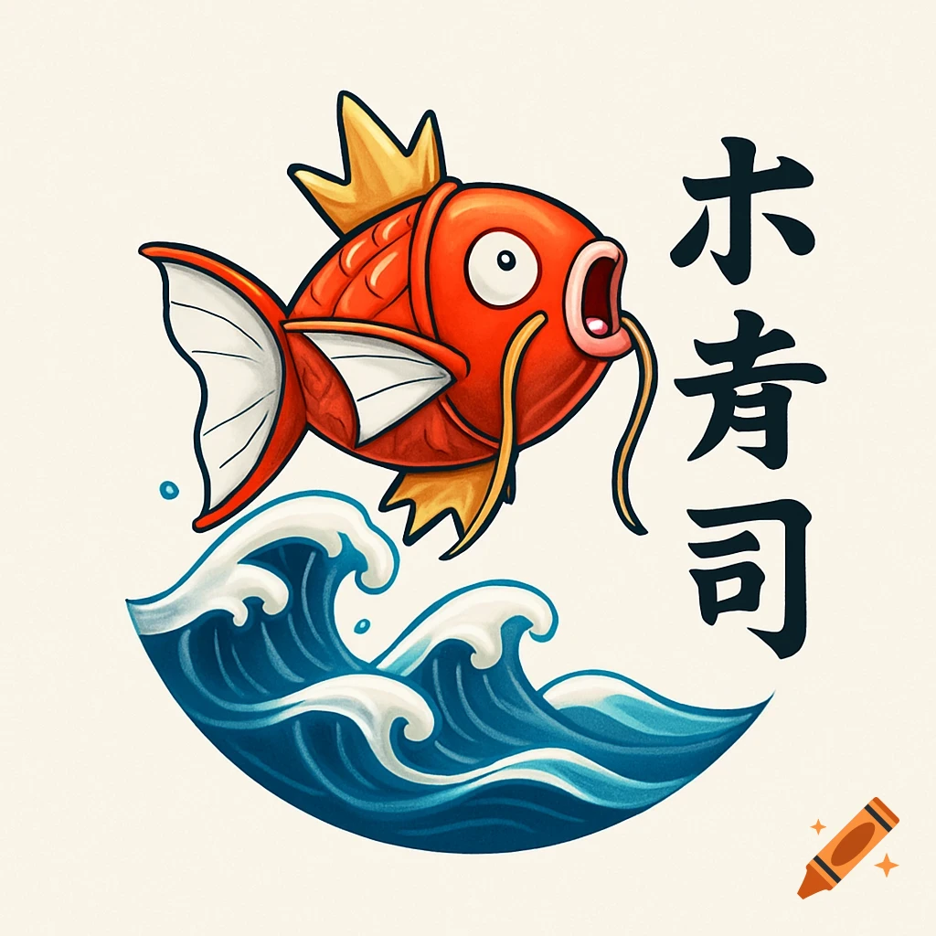 Cartoon Magikarp fish jumping over blue waves with vertical Japanese text, designed as a logo.