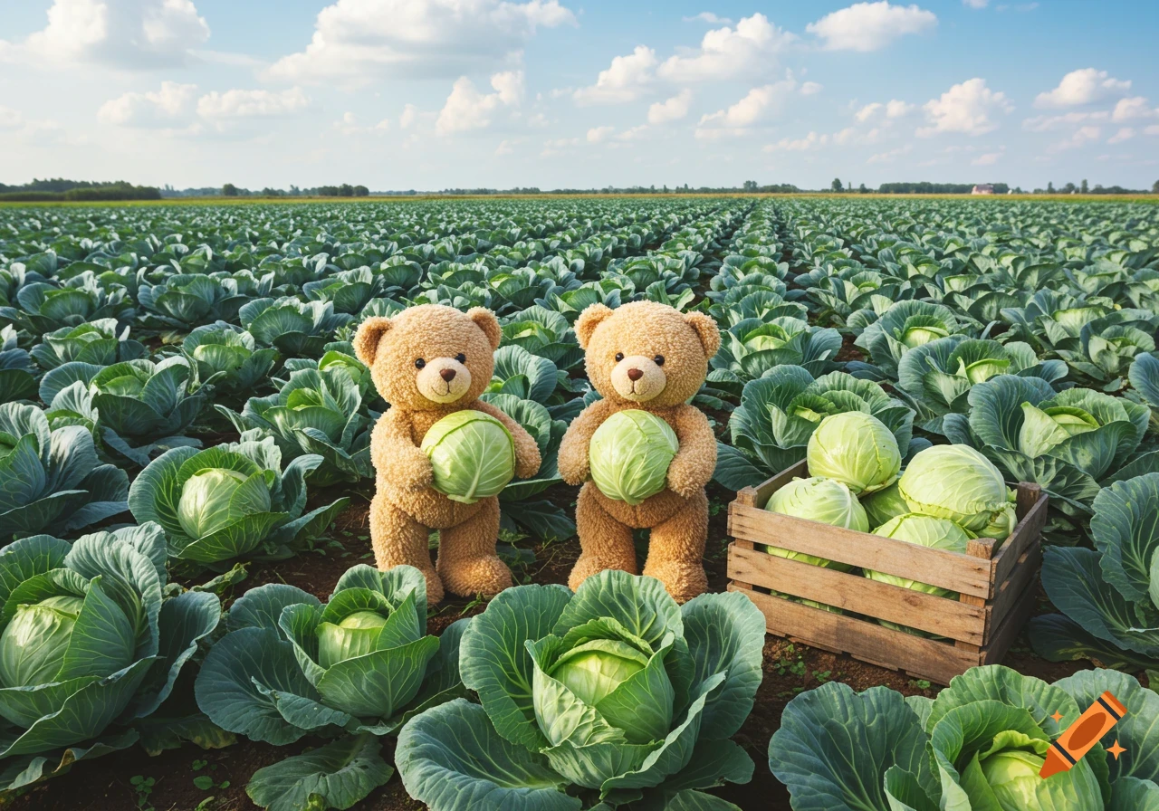 Two fluffy teddy bears in a vast cabbage field hold green cabbages next to a crate of cabbages under a sunny blue sky.