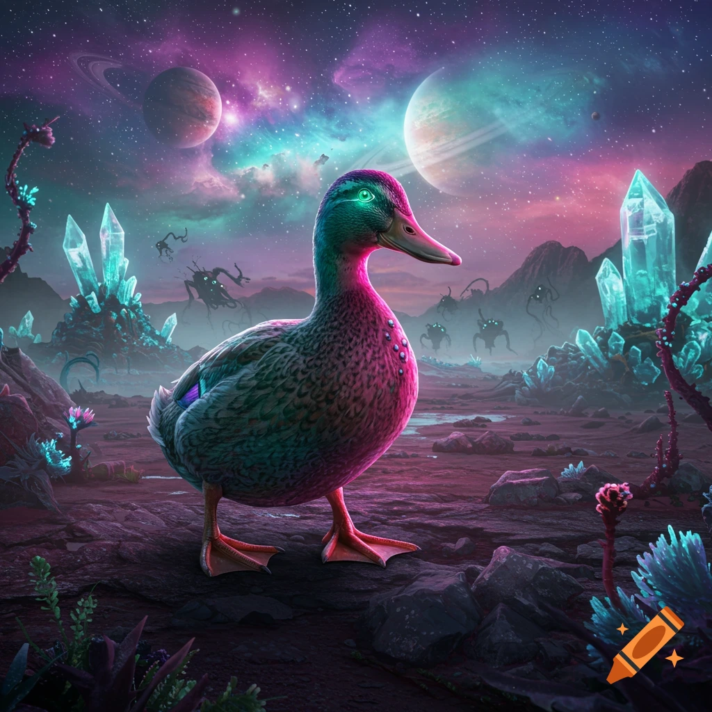 A neon-colored duck stands on a rocky alien planet with glowing blue crystals, alien creatures, and planets in a vibrant nebula sky.