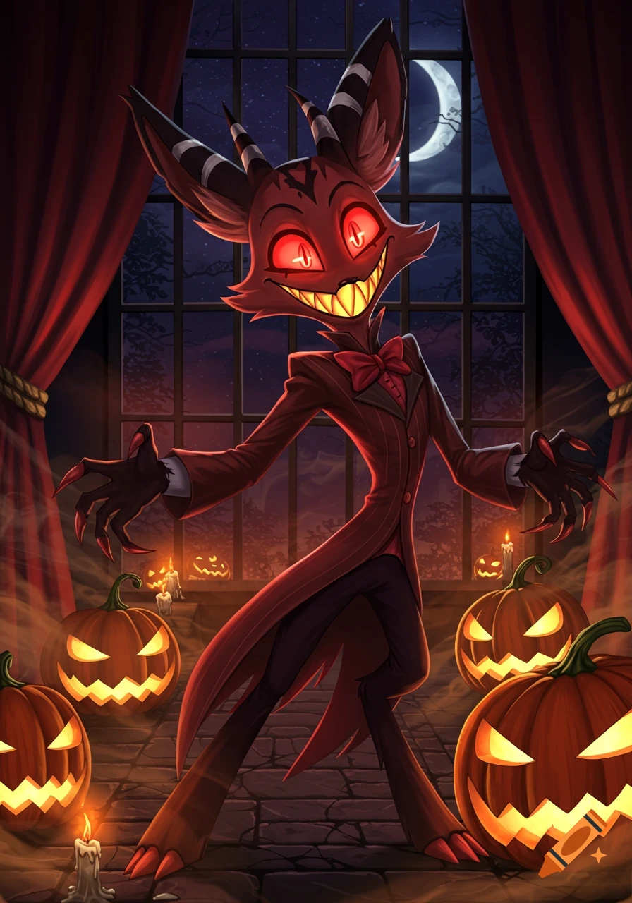 A mischievous red imp-like character with glowing eyes stands amidst glowing jack-o'-lanterns and candles on a Halloween night, cartoon style.