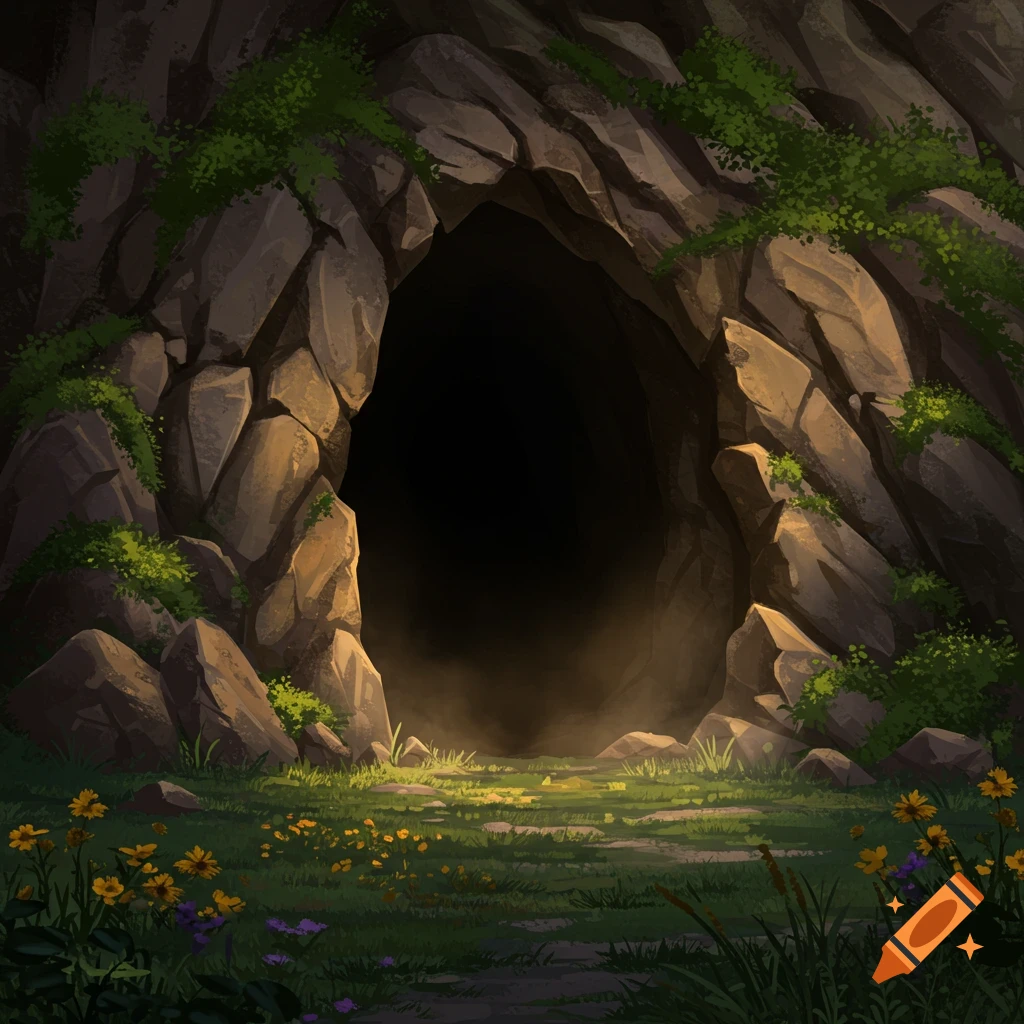 Illustrated cave entrance, bathed in a soft glow, surrounded by rocks, green grass, and wildflowers.