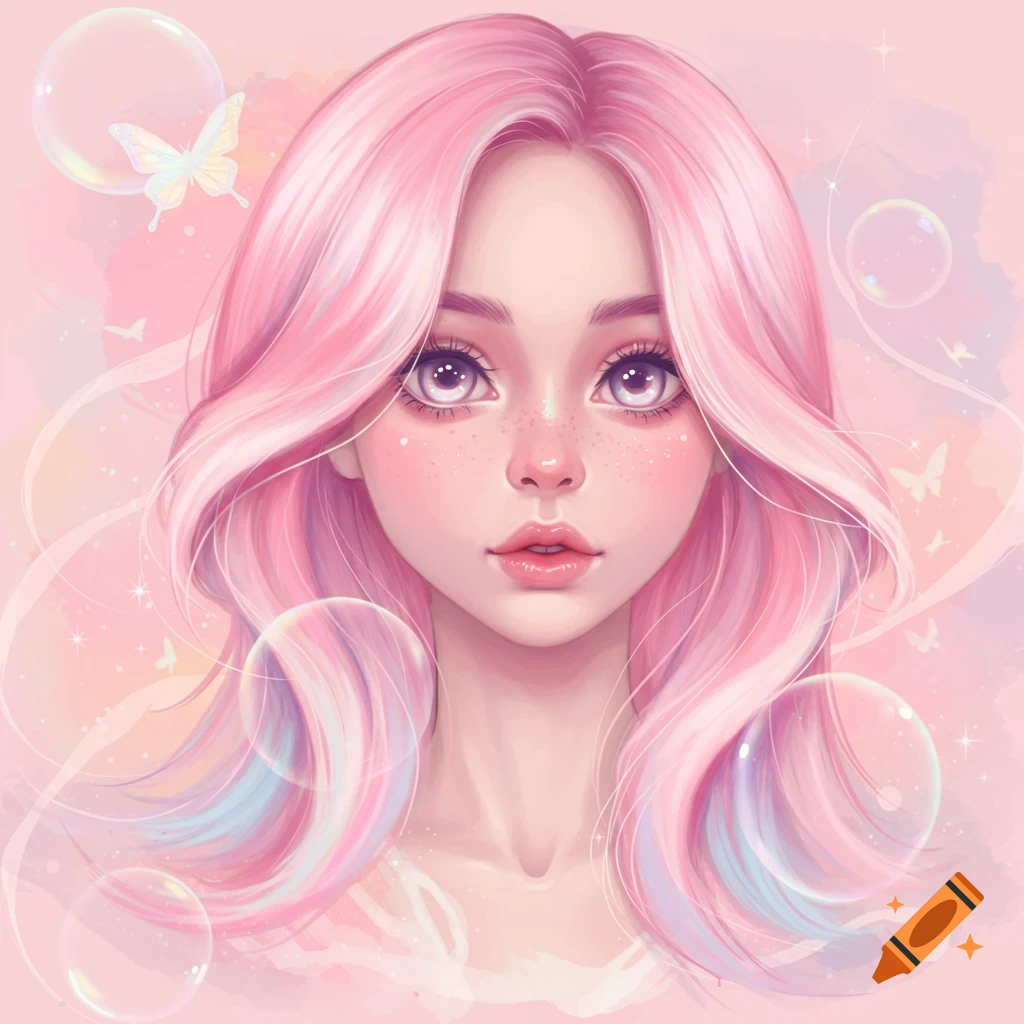Stylized portrait of a girl with long pink hair and large purple eyes, surrounded by butterflies and bubbles on a pastel pink background.