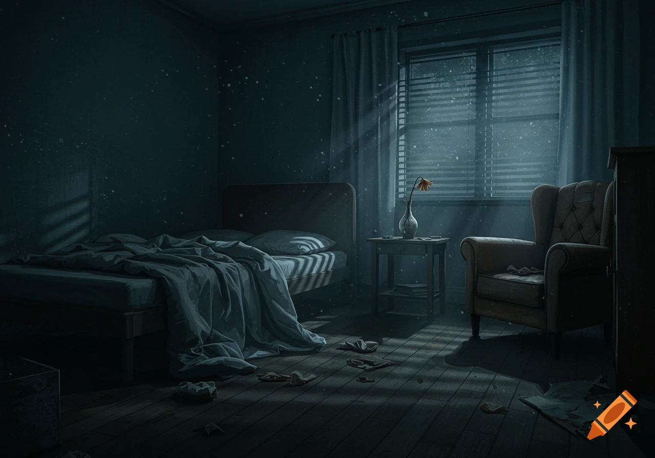 A dark, somber bedroom with an unmade bed, an armchair, and a window with blinds, lit by moonlight, with dust motes in the air.