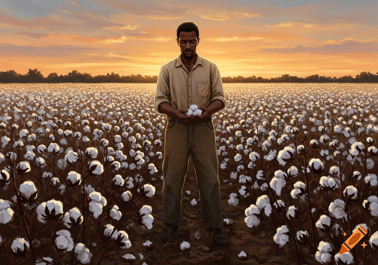 A painting of a Black man standing thoughtfully in a vast cotton field at sunset, holding cotton in his hands.