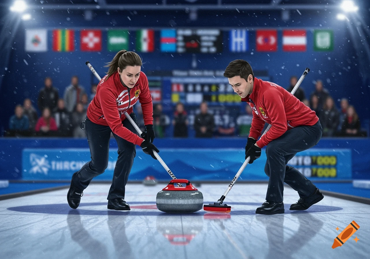 Two curlers in red jackets sweep the ice in front of a curling stone, with spectators and national flags in the background.