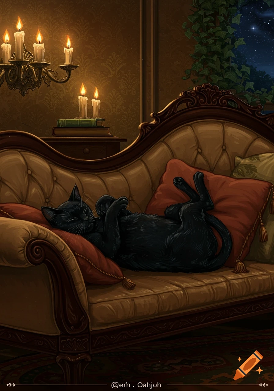 A black cat sleeps on its back on a plush golden sofa with red pillows, illuminated by candlelight, digital illustration.