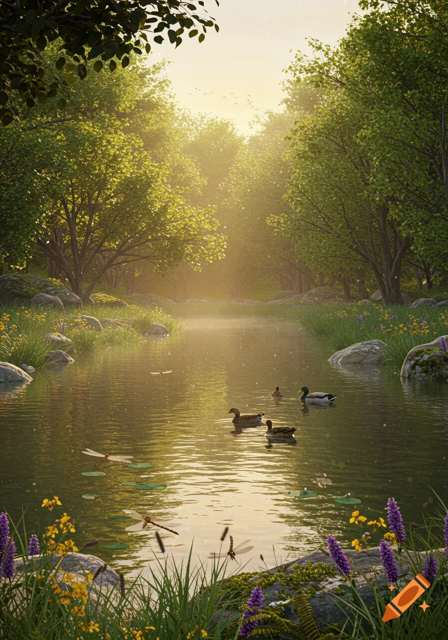 Ducks swim in a sun-drenched river surrounded by lush green trees and flowering plants.