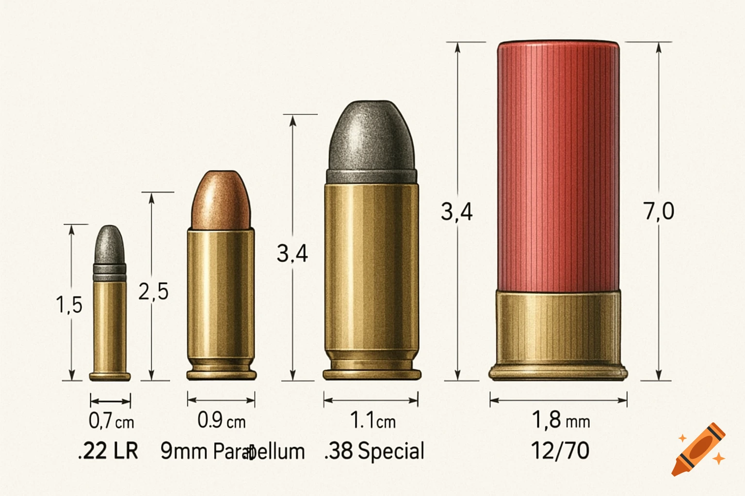 An illustrated diagram showing four different types of ammunition: .22 LR, 9mm Parabellum, .38 Special, and 12/70 shotgun shell, with their dimensions labeled in cm and mm.