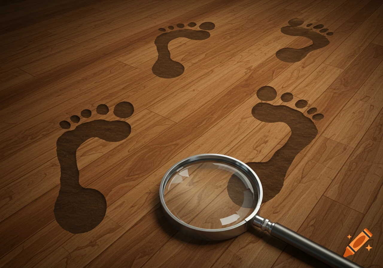 A silver magnifying glass resting on a light wooden floor, magnifying one of several dark footprints.