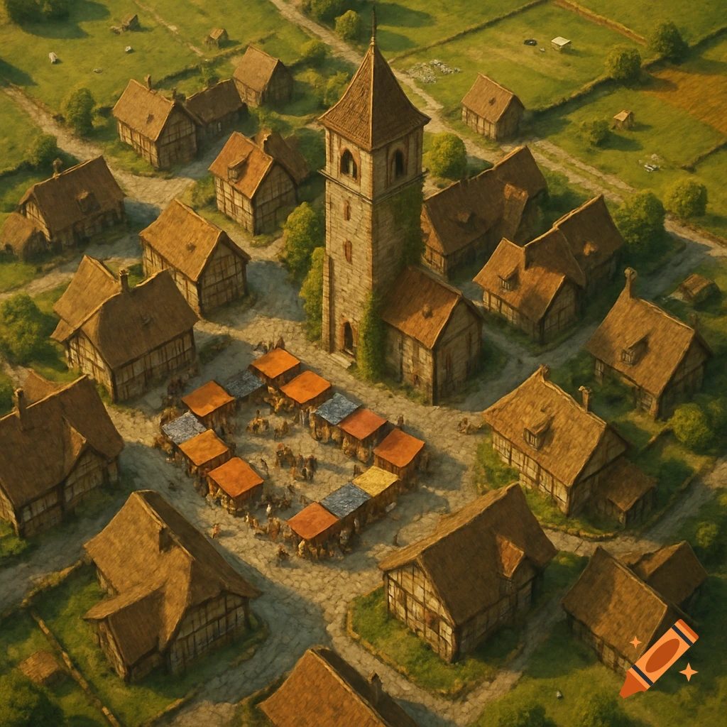 Overhead view of a medieval farming village with a central bell tower and a bustling market square surrounded by houses.