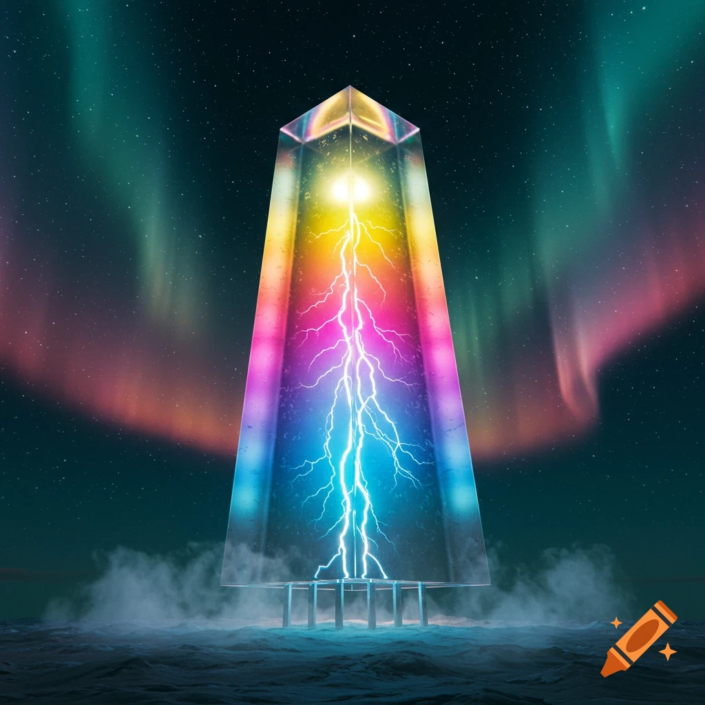 A tall, rainbow-colored crystalline obelisk with bright lightning inside stands in a wavy sea under an aurora-lit starry night sky.