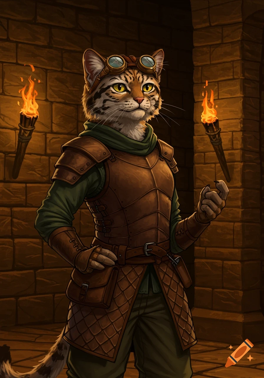 A furry Tabaxi Pallas Cat warrior in leather armor, goggles, and a green scarf stands in a torchlit dungeon.
