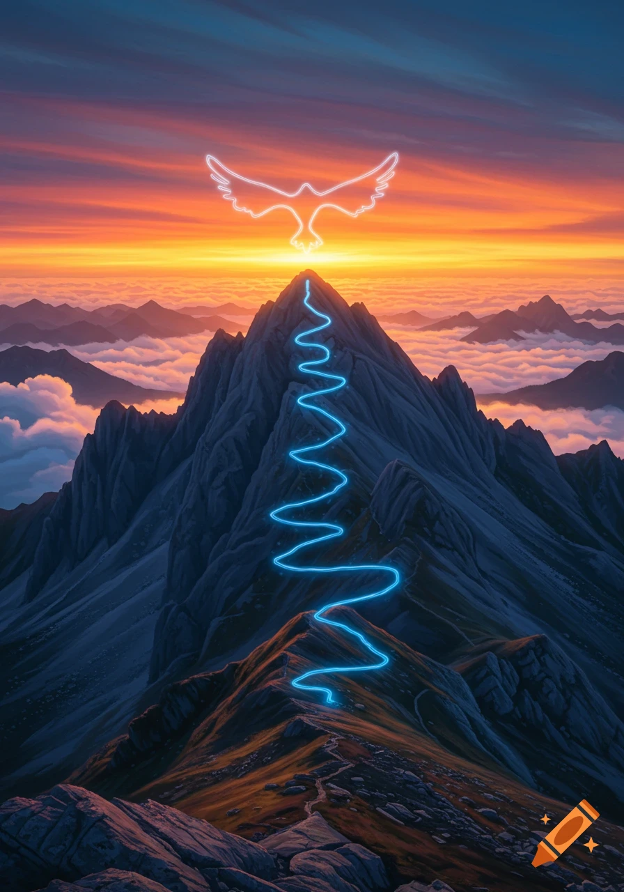 A majestic mountain peak with a glowing blue winding path and a radiant bird symbol against a vibrant sunset sky.