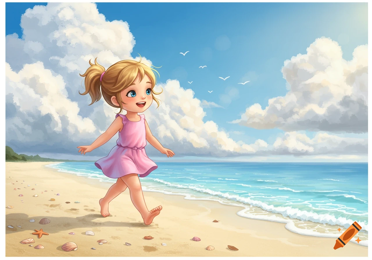A cute cartoon girl with a ponytail walks barefoot on a sunny beach with seashells, next to the calm blue sea.