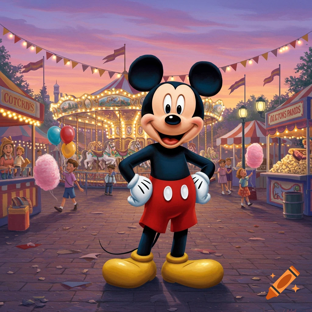 Mickey Mouse stands smiling at a vibrant carnival at dusk, with a merry-go-round and food stalls in the background.
