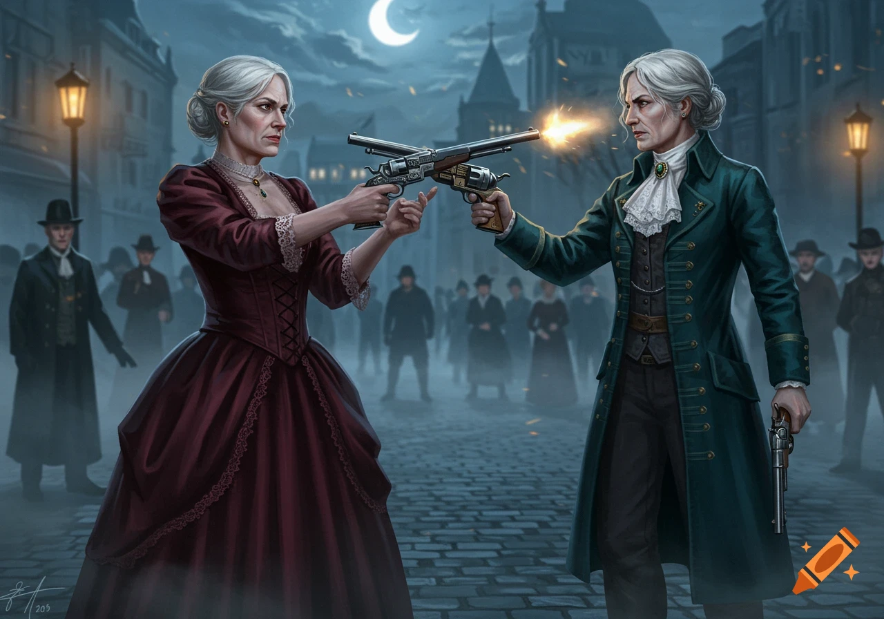 Two older women in Victorian-era clothing duel with pistols on a misty, moonlit street, watched by shadowed figures.