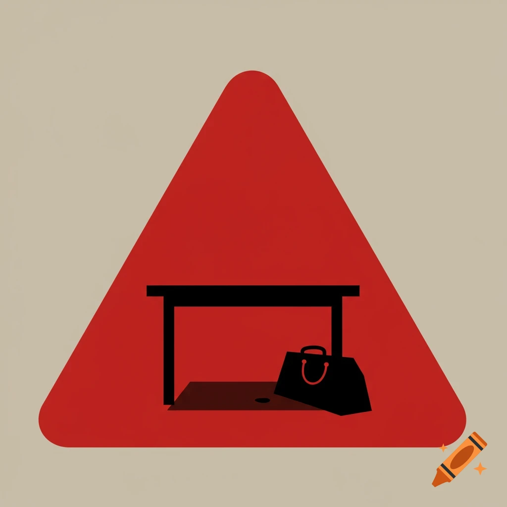 A red triangular warning symbol with a black table and a black bag underneath, set against a light beige background.