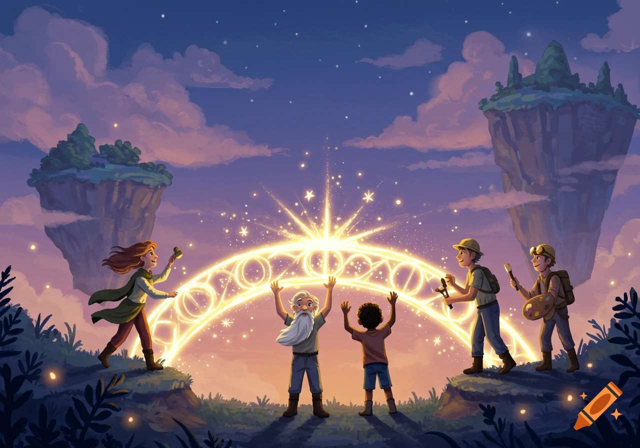 Whimsical illustration of five diverse explorers building a radiant bridge of light between sky islands at twilight.