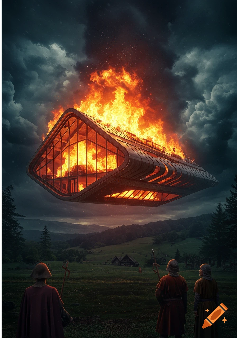 A burning, futuristic glass building floats above a medieval landscape with figures watching below.