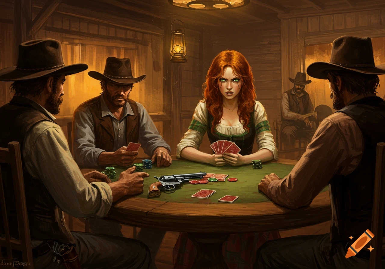 Oil painting of an intense Western saloon card game, a fiery red-haired woman stares down three men at a table with a revolver.
