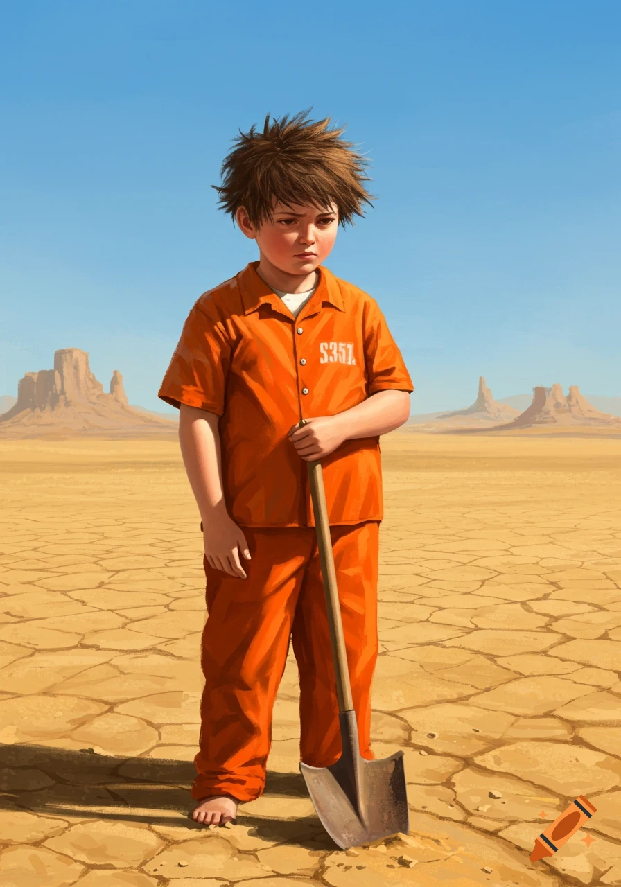 A somber boy in an orange prison uniform stands barefoot in a dry, cracked desert holding a shovel, illustration.