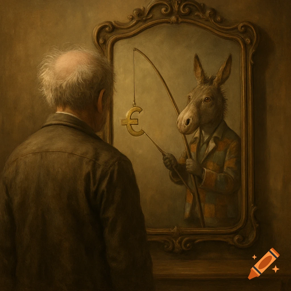 An old man views his reflection as a donkey holding a fishing rod with a golden Euro symbol. Dark, classical painting style.