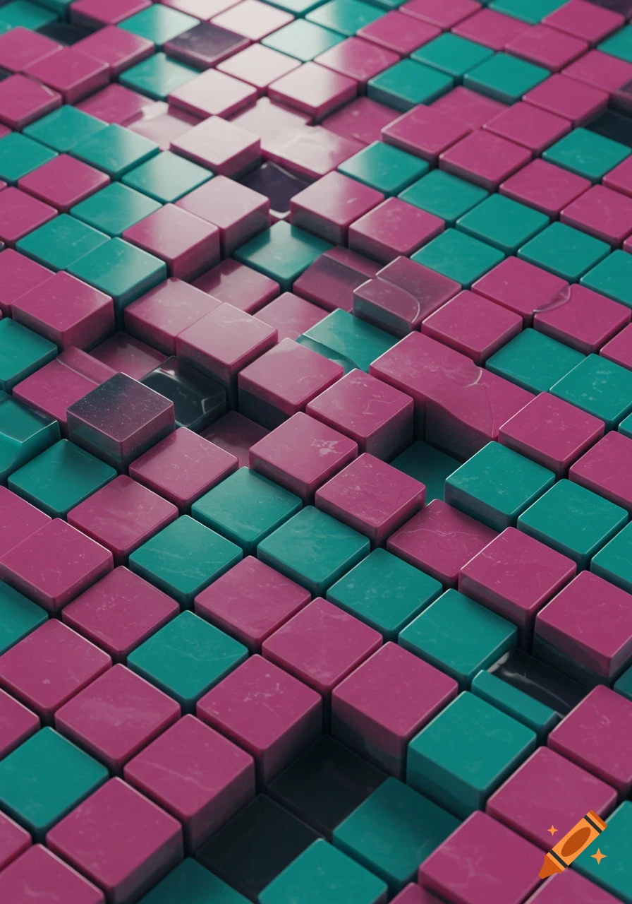 An abstract 3D pattern of pink and teal square tiles at varying heights.