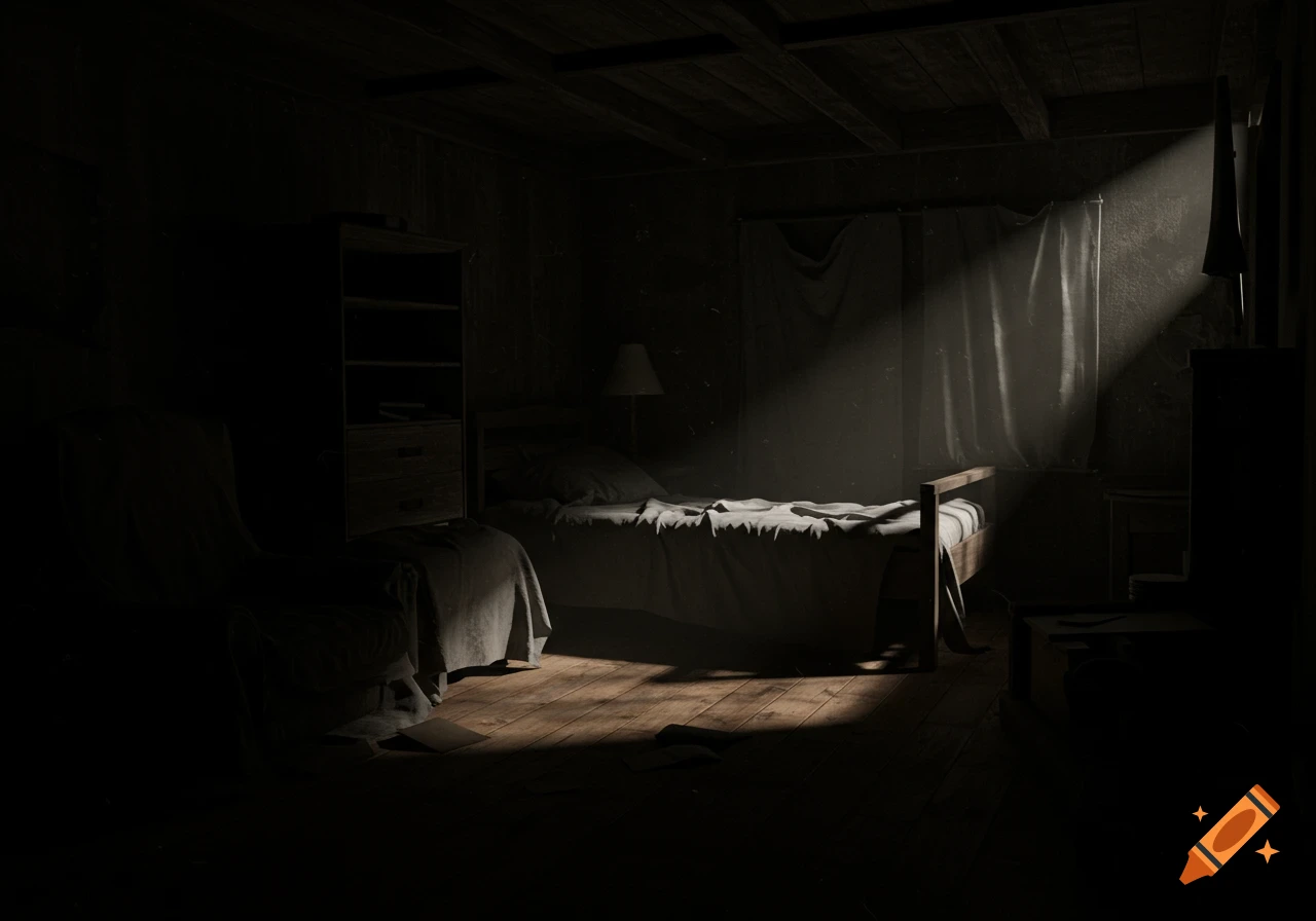 A very dark, moody bedroom illuminated by a single ray of light from a window. Shadows dominate the old, sparsely furnished room with a bed and dresser.