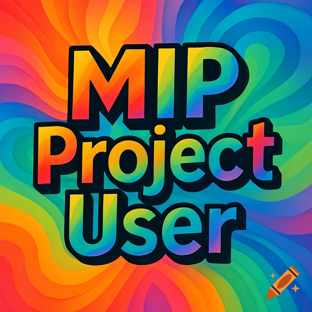 Colorful text 'MIP Project User' with a black outline on a rainbow swirling background, designed as an avatar.