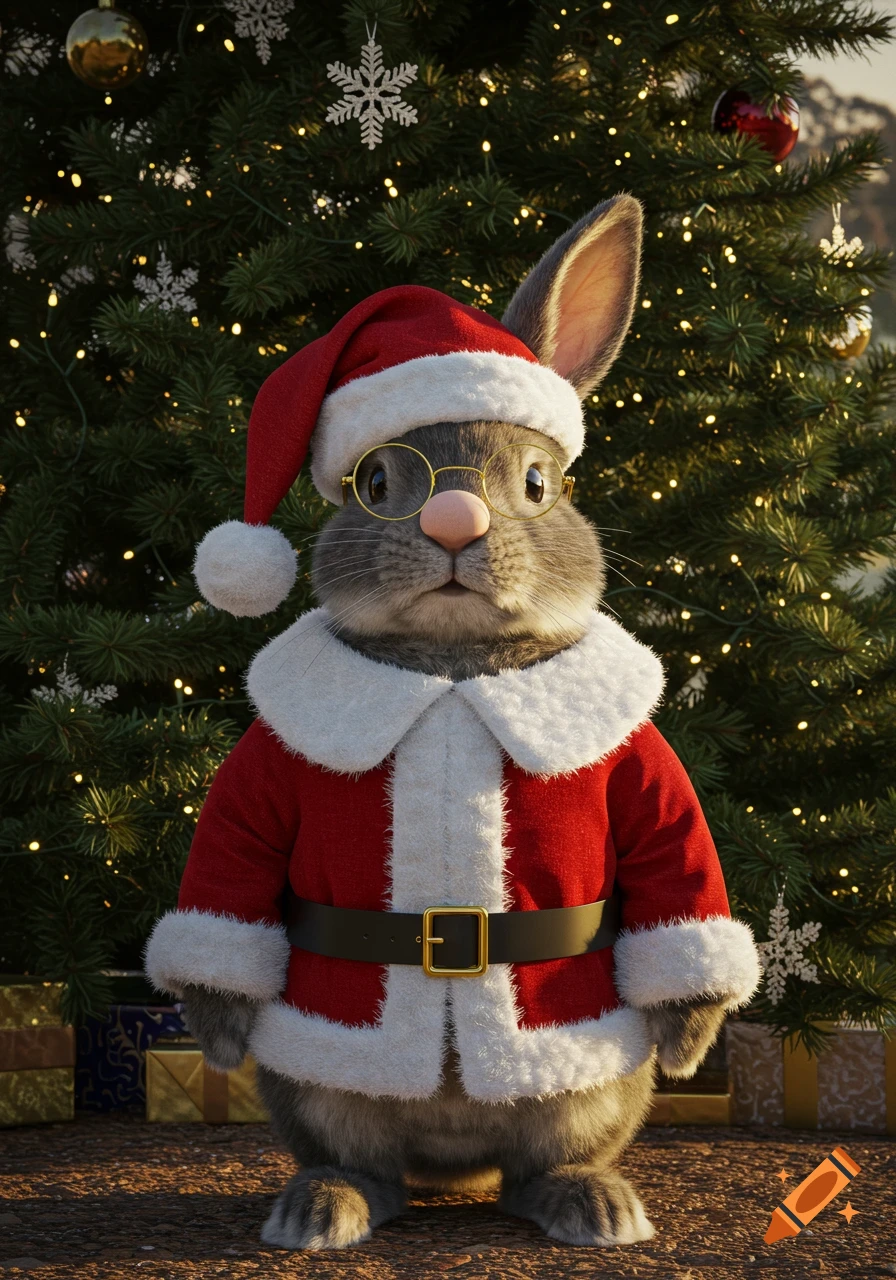 A photorealistic gray bunny wearing a red Santa hat and suit with round glasses stands in front of a lit Christmas tree.