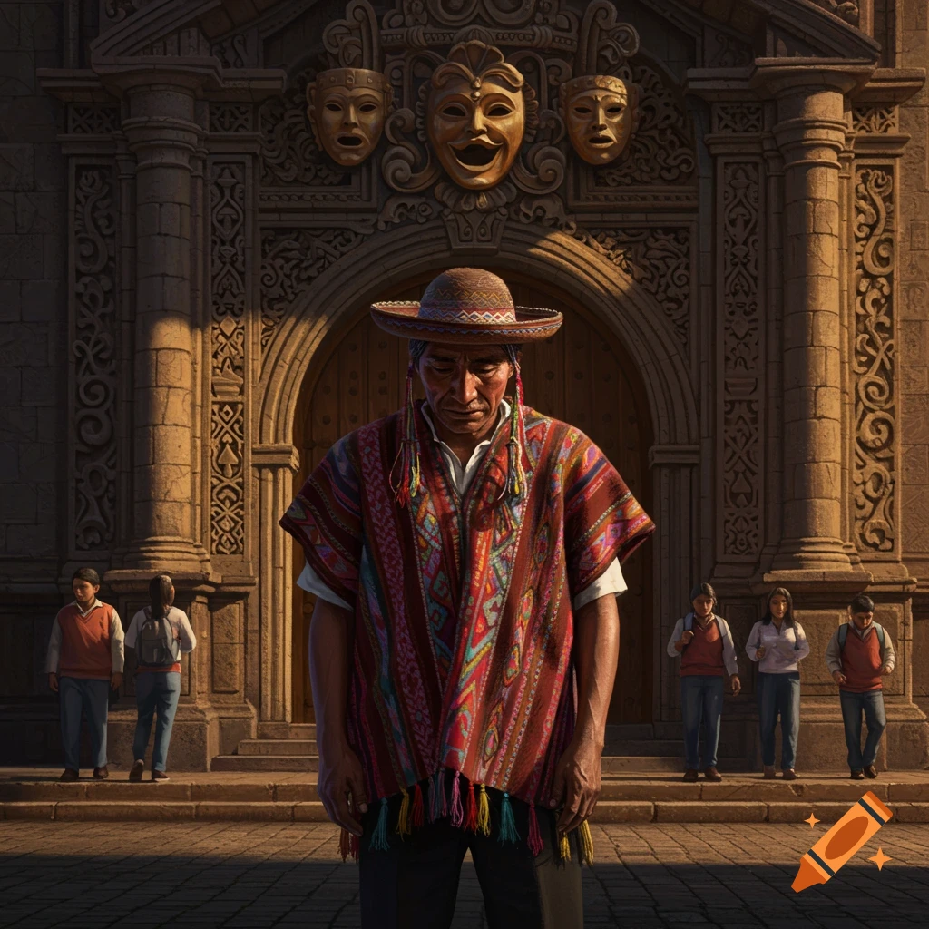 A solemn Peruvian man in a colorful poncho and hat stands before an ornate building adorned with theatrical masks, with students in the background.