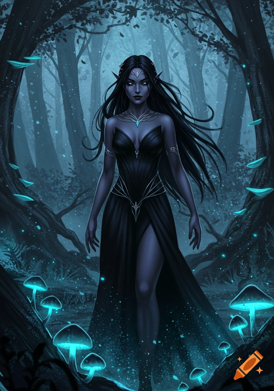 A beautiful dark elf woman with long black hair stands in a mystical forest filled with glowing blue mushrooms. Digital art.