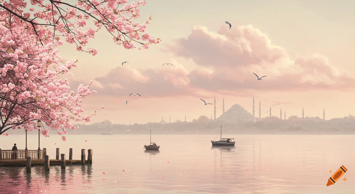 A serene pastel waterscape with pink cherry blossoms framing a distant Istanbul skyline, small boats, and a pier, reflecting soft pink and beige tones.