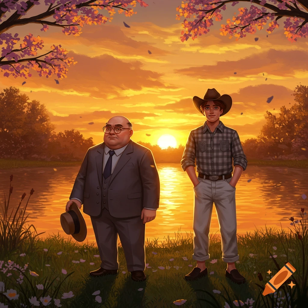 Illustration of two men, one bald in a suit and one young in a plaid shirt and cowboy hat, by a lake at sunset.