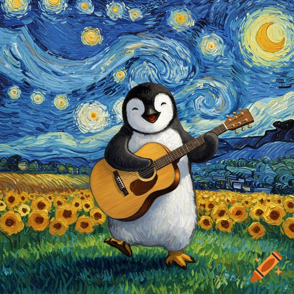 A cheerful penguin plays an acoustic guitar in a field of sunflowers under a swirling, starry night sky, rendered in the style of Van Gogh's 'The Starry Night'.