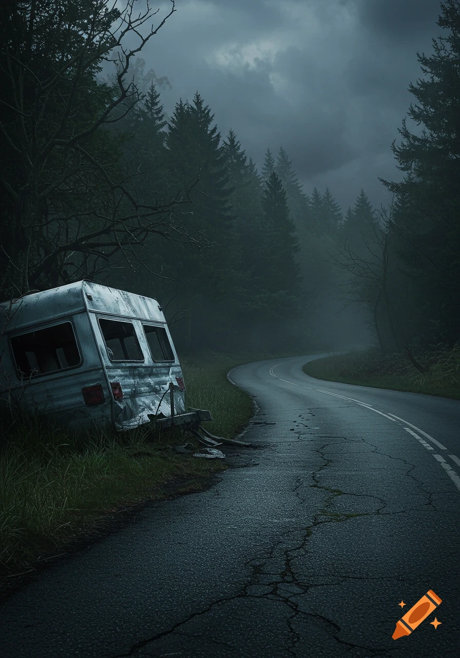 A wrecked caravan sits on the side of a winding road next to a dark, misty forest under a cloudy sky.