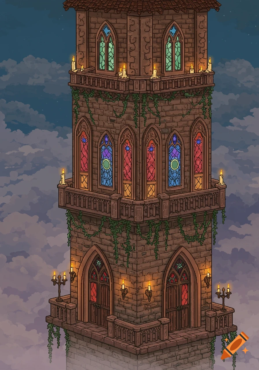A tall pixel art fantasy tower with stained glass windows, lit candles, and vines against a cloudy sky.