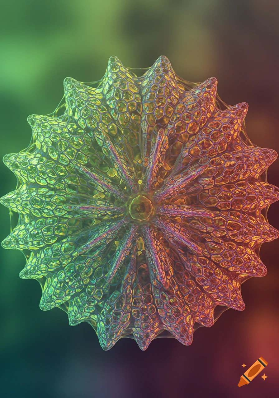 A hyperrealistic microscopic image of a star-shaped diatom with intricate, colorful, hexagonal cells.