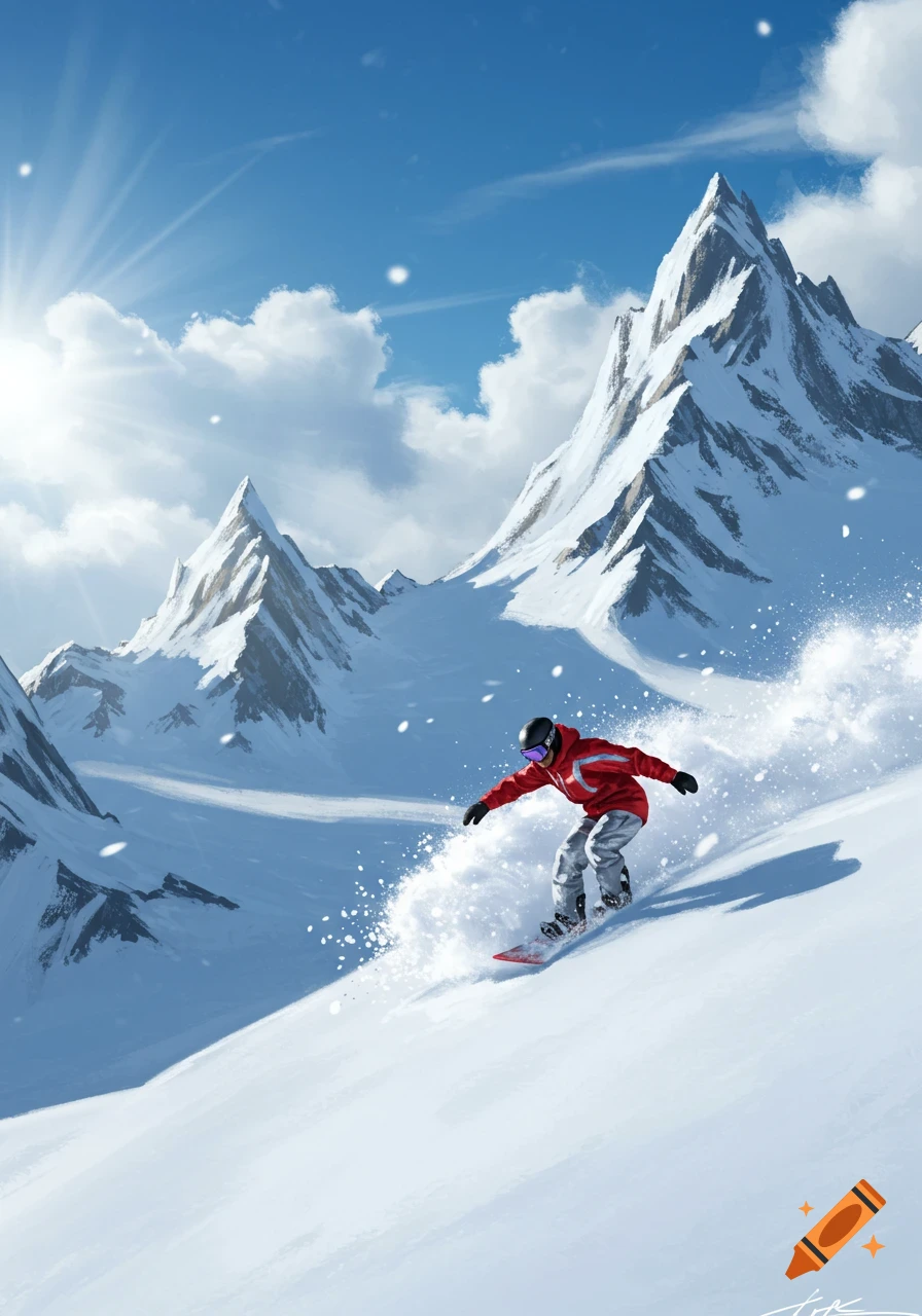 Illustration of a snowboarder in a red jacket descending a snowy mountain slope under a sunny, blue sky with white clouds and peaks.
