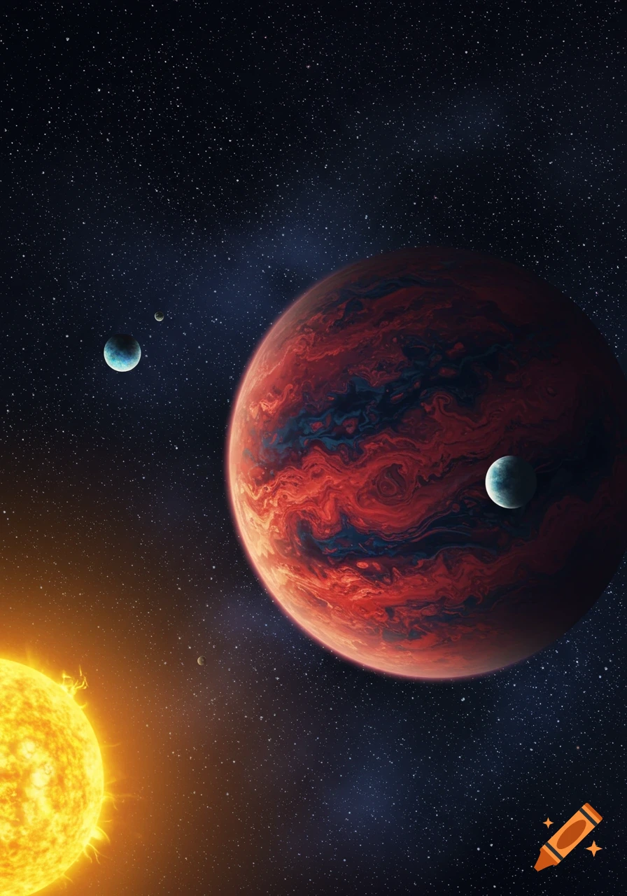 A vibrant red and deep blue gas giant planet with multiple moons, illuminated by a bright yellow sun against a starry cosmic background.