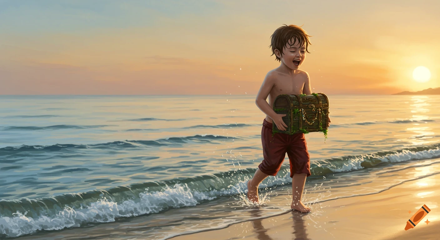 A smiling young boy runs on a sandy beach at sunset, carrying a moss-covered treasure chest from the ocean.