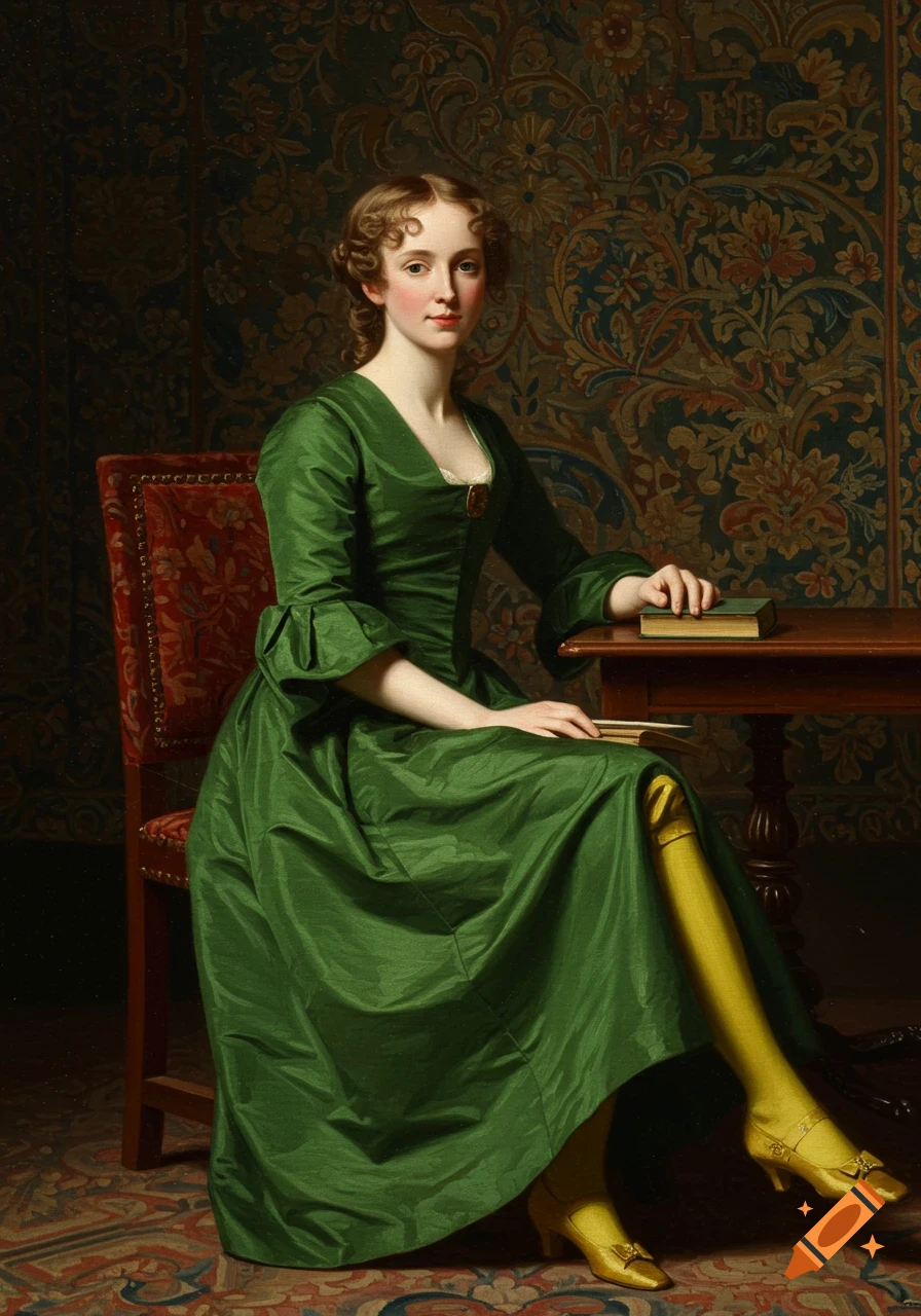 An oil painting of a woman in a green dress and yellow stockings, seated at a table with a book.