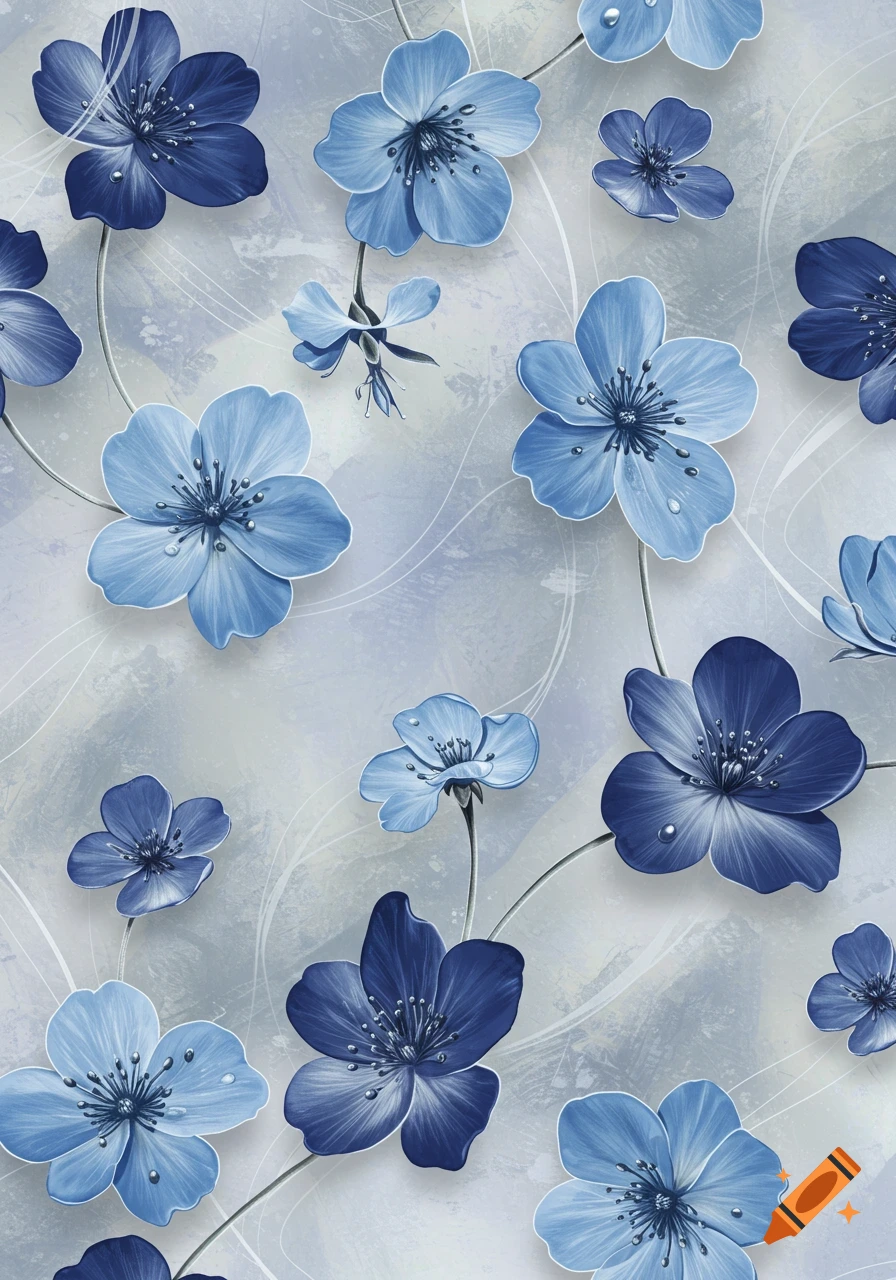 Seamless wallpaper pattern of light and dark blue flowers with water droplets on a textured blue-grey background.