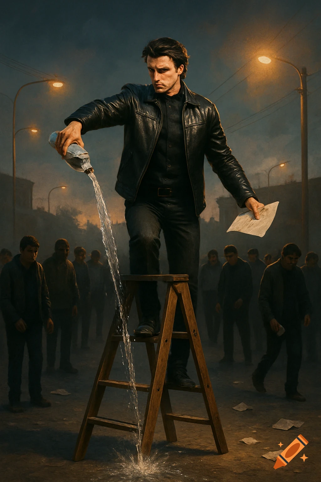 A man in a leather jacket stands on a ladder, pouring water from a bottle onto the ground. Other people mill around in the shadowy street at dusk.