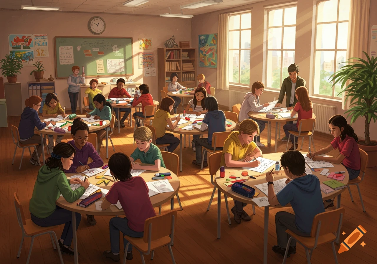 A sunlit classroom bustling with diverse students working in small groups at round tables, while a teacher instructs at the front.