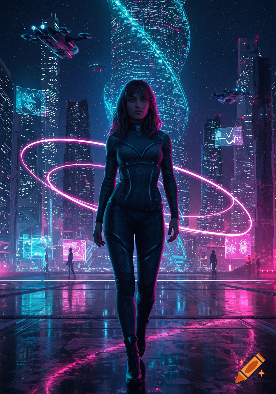 A woman in a black suit walks through a neon-lit cyberpunk city at night with flying vehicles.
