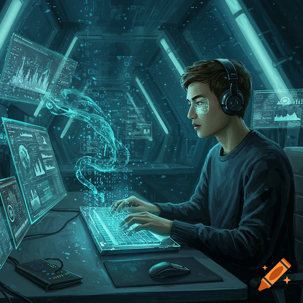 A person wearing headphones works at a computer in a dark, futuristic room filled with glowing blue holographic data screens.