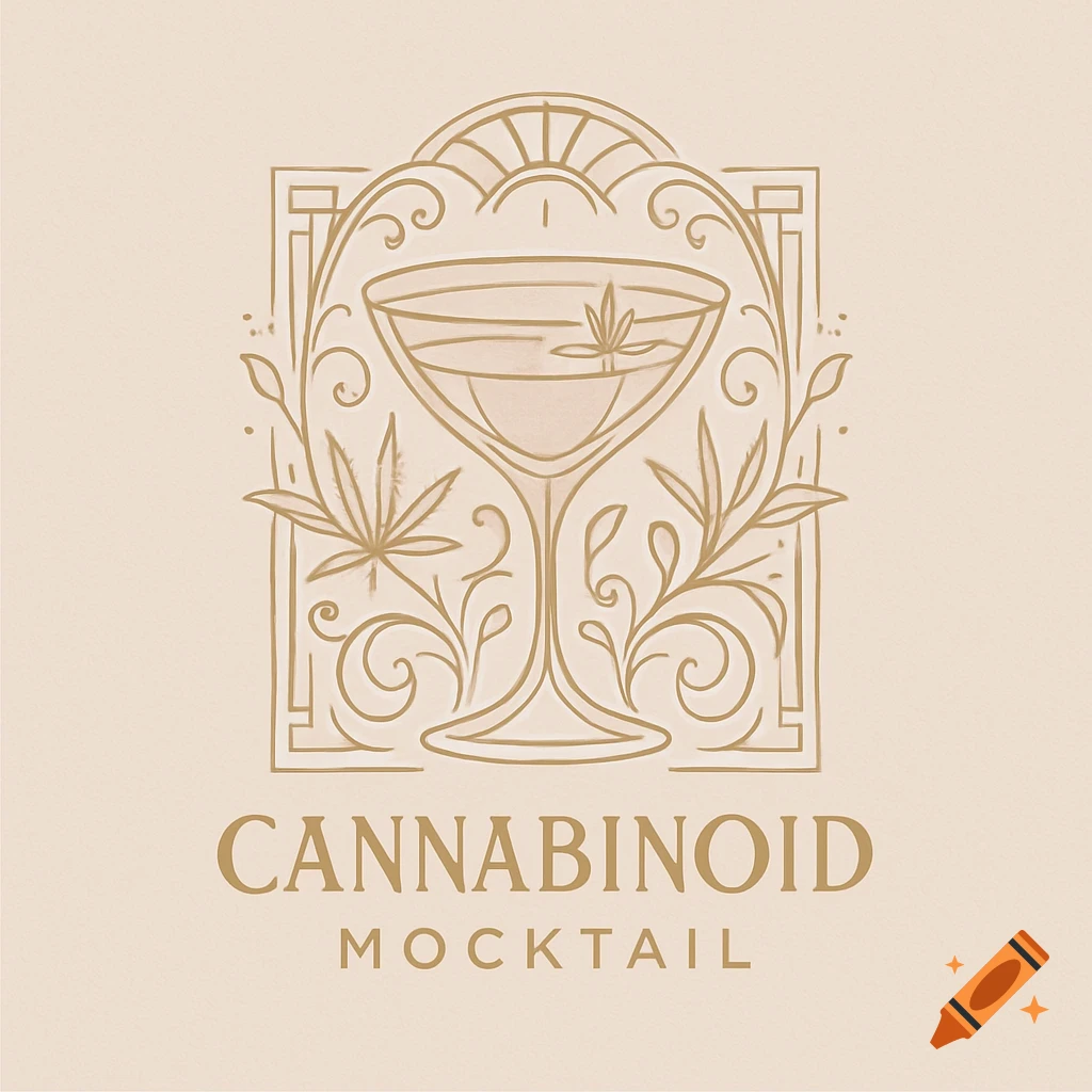 Art Deco line art logo for Cannabinoid Mocktail with a cocktail glass and cannabis leaves.