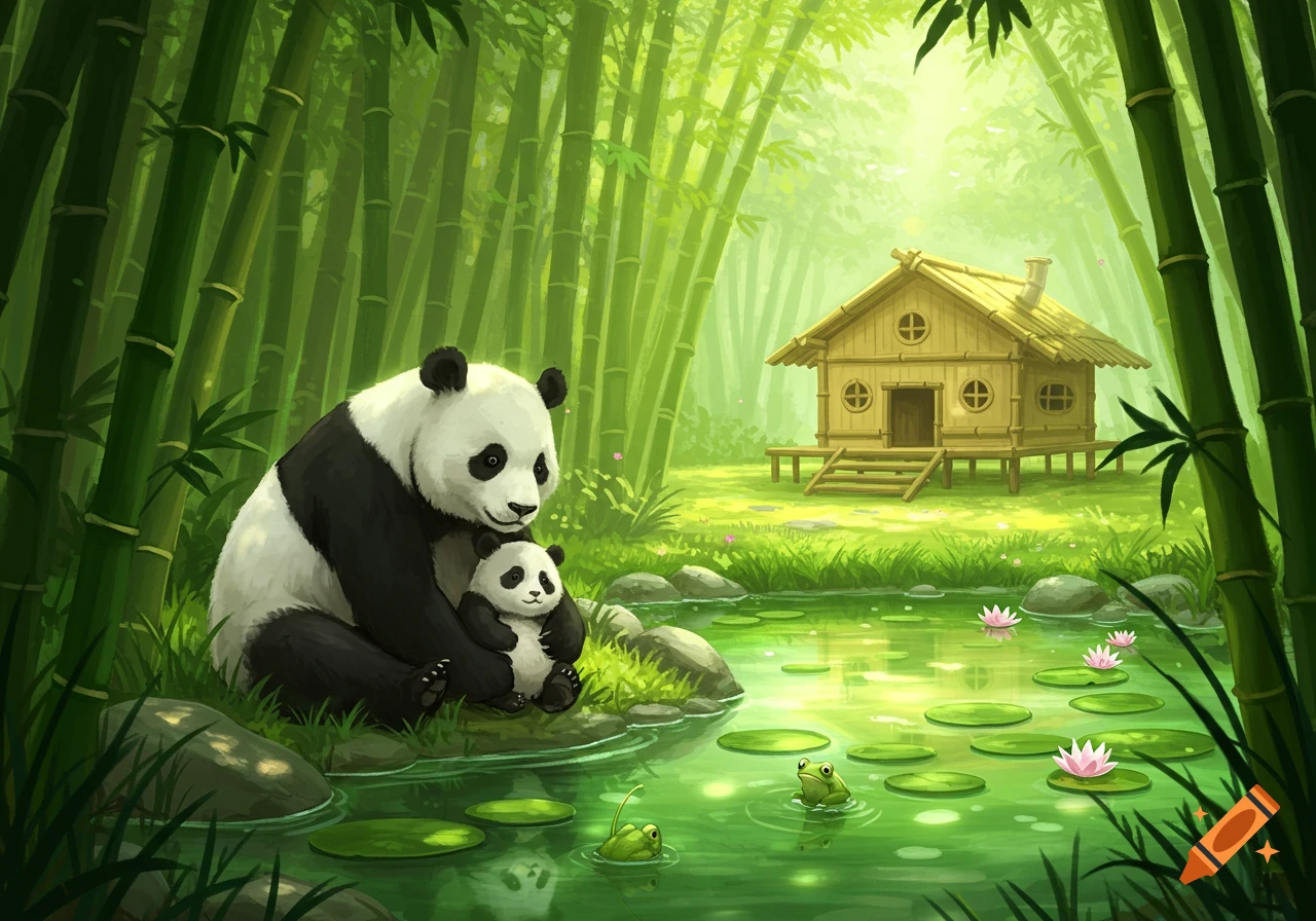 Illustrated scene of a mother panda holding a baby panda by a lily pad pond, with a bamboo house in a lush green bamboo forest.