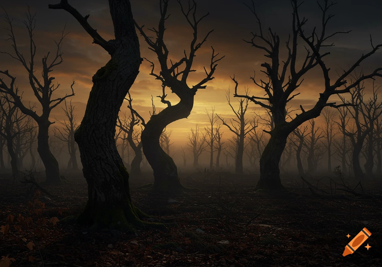 A dark, misty forest with twisted, bare trees silhouetted against an orange sunset.